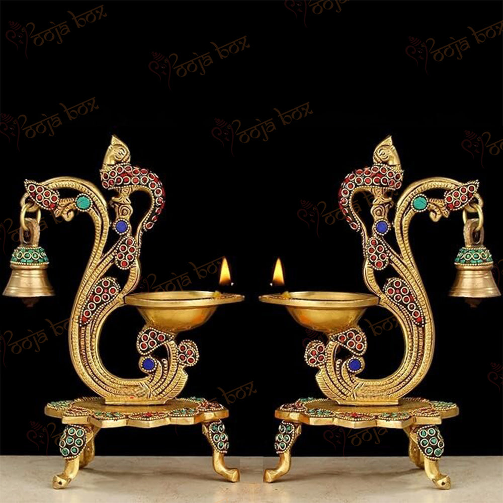 Antique Brass Peacock Design Stone Diya