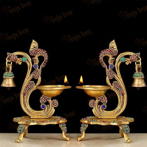 Antique Brass Peacock  Design Stone Diya