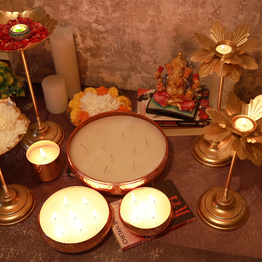 Copper Multi Wick Scented Candle Urli For Pooja Room Decoration