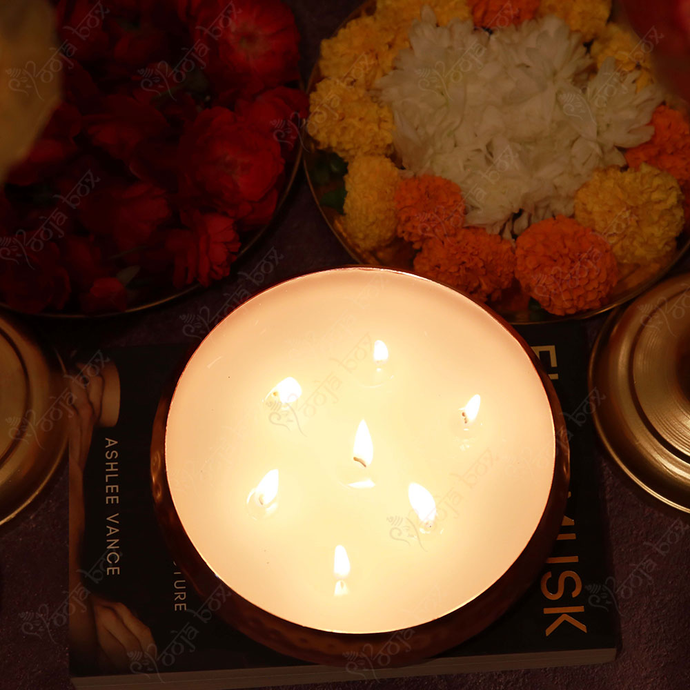 Copper Multi Wick Scented Candle Urli For Pooja Room Decoration